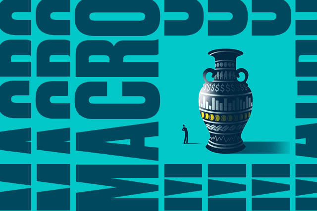 Blue graphic of person standing next to large vase.